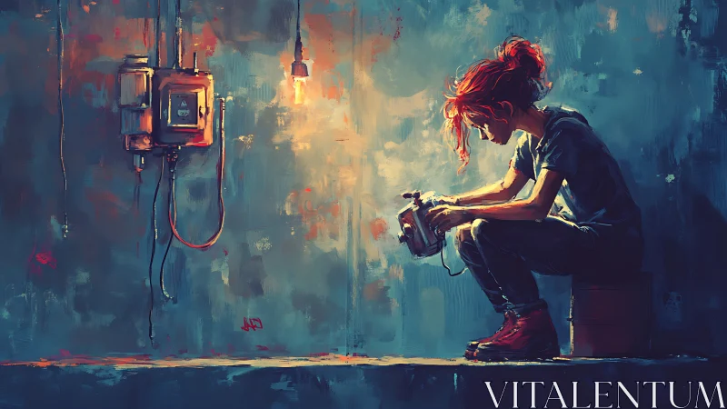 Quiet workshop glow with a tinkering red haired dreamer.