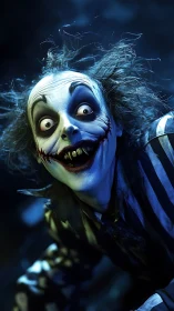 Grotesque blue-lit clown with striped suit leering forward.