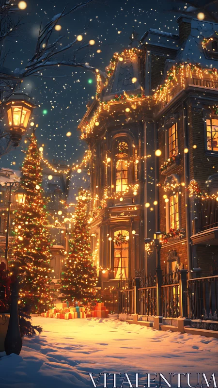 Victorian townhouse under dense festive illumination at snowfall.