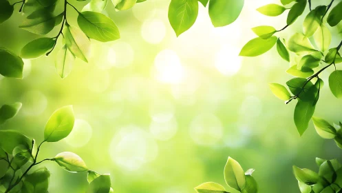 Sunlit green leaves frame a softly glowing forest bokeh