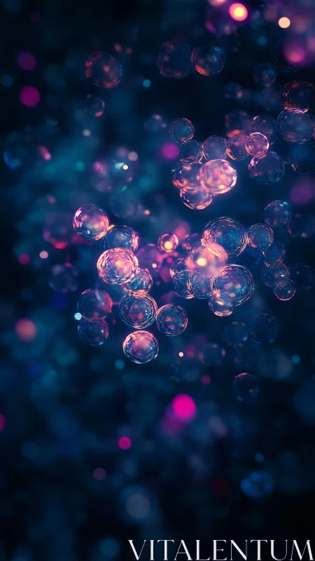 Neon bokeh bubbles drift through deep cyan darkness.