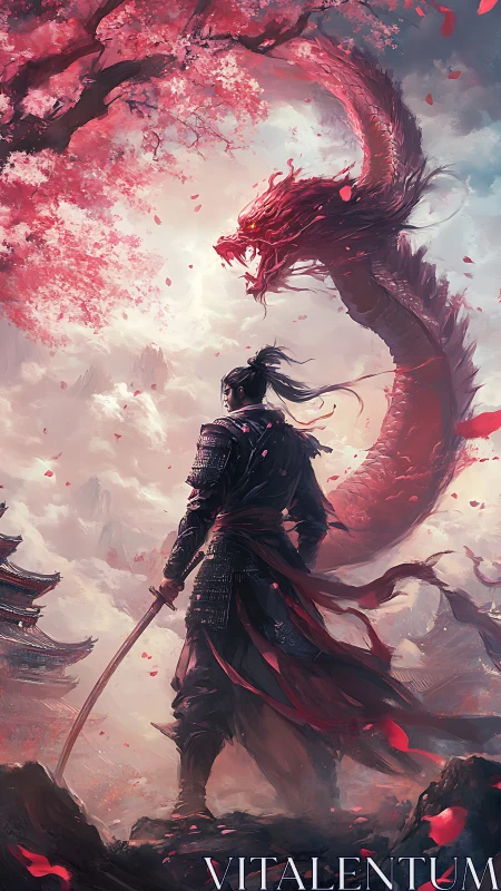 Samurai faces red dragon beneath blooming sakura sky.
