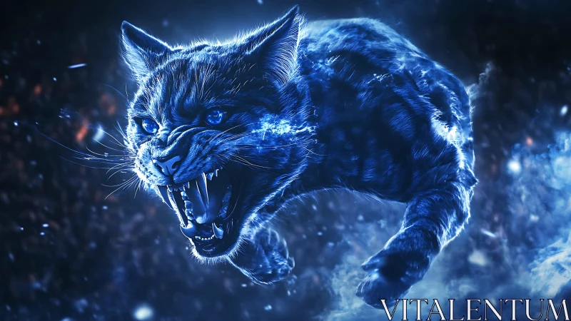 Fierce cosmic cat leaping through glowing blue stardust.