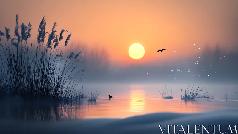 Digital painting dusk wetland with mist, reeds, and fauna.