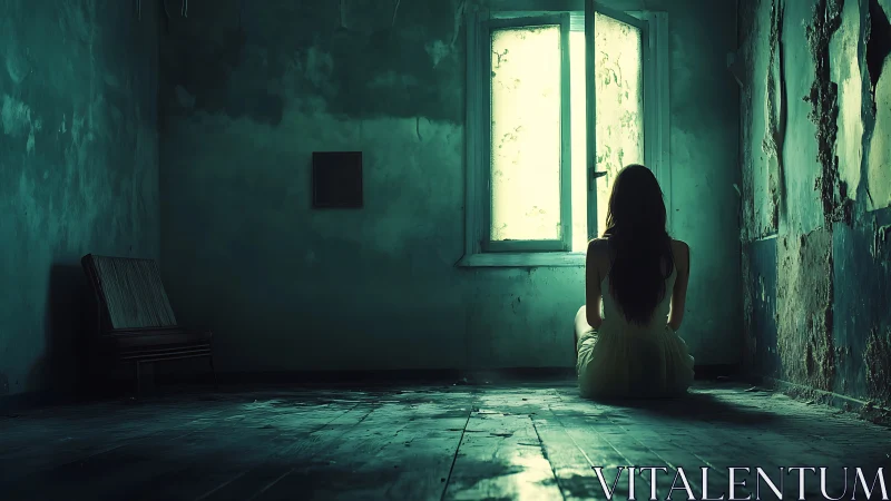 Solitary woman in decayed teal room facing glowing window.