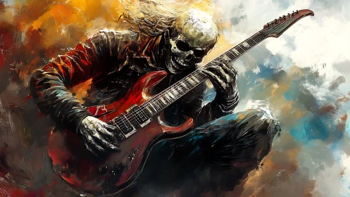 Skeletal guitarist in leather jacket with red electric guitar.