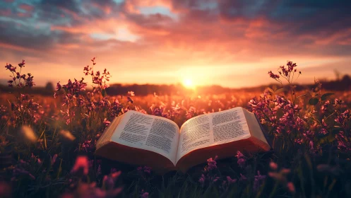 Sunlit open book resting in a peaceful wildflower meadow.