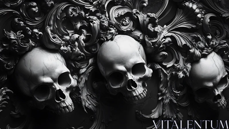 Ornate human skulls emerging from dark baroque foliage.