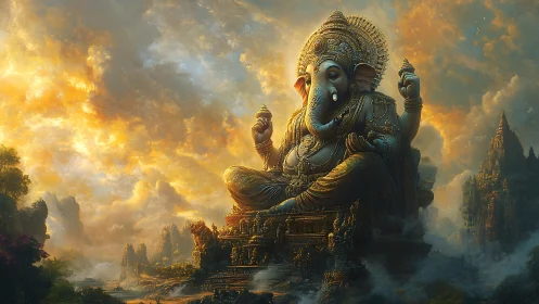 Colossal Ganesha statue in luminous clouded landscape.