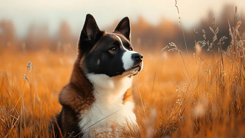 Calm tricolor dog sitting alert in warm grassy field.