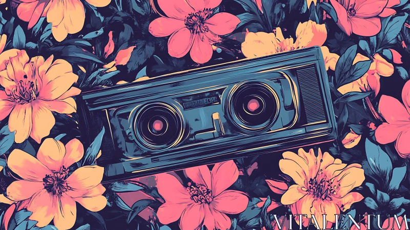 Retro cassette tape surrounded by stylized floral pattern.