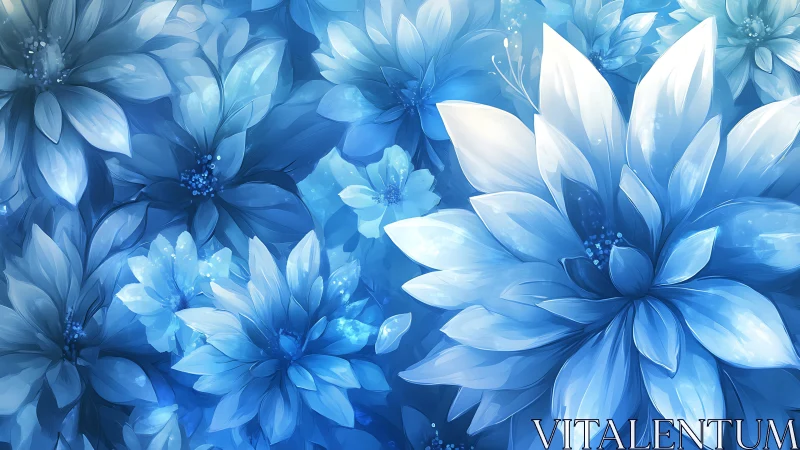 Blue-toned digital illustration of layered floral forms.