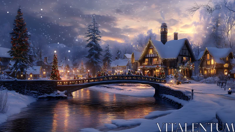 Snowy Christmas village glows warmly beneath a twilight sky