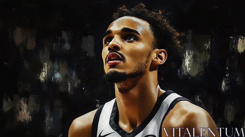 Locked-in basketball portrait under glowing arena lights.