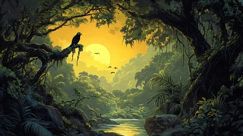 Mystical Jungle Paradise with Macaw in Golden Sunlight