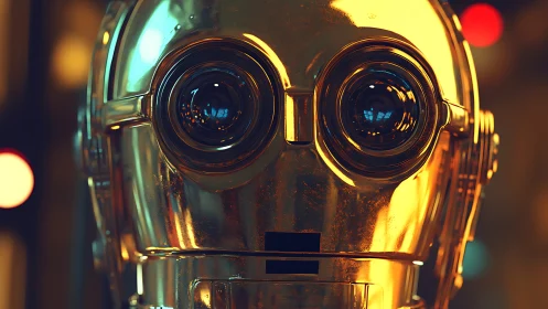 Golden protocol droid gazes ahead in neon-hazed glow.