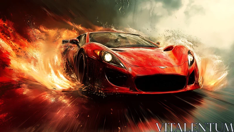 Fireborn crimson supercar slicing through molten storm roads.