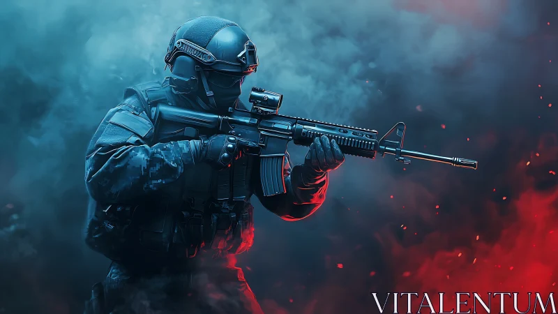 Tactical soldier with rifle in colored battlefield smoke.