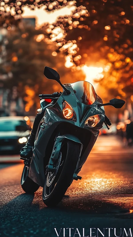 Sunlit city street welcomes a sleek motorcycle moment.