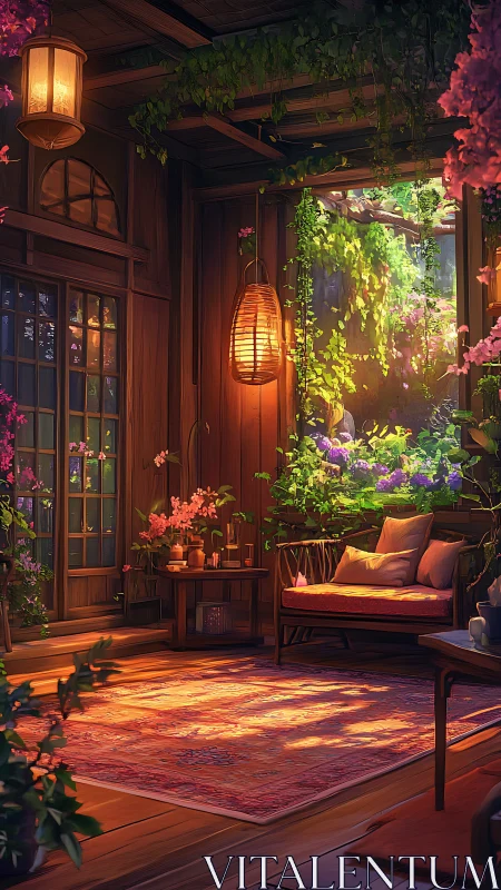 Sunlit garden nook with cozy cushions and blooming vines.