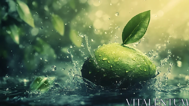 Macro green lime splashing in water with dynamic droplets