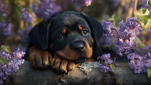 Rottweiler puppy resting among lilac blossoms in springtime.