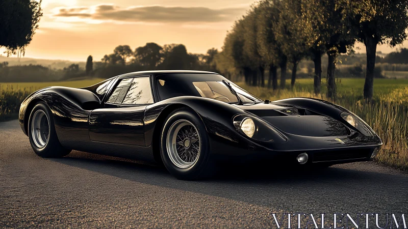 Midnight black classic slices sunset light on country road