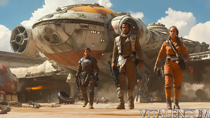 Ragtag space crew strides from scarred freighter bay doors.