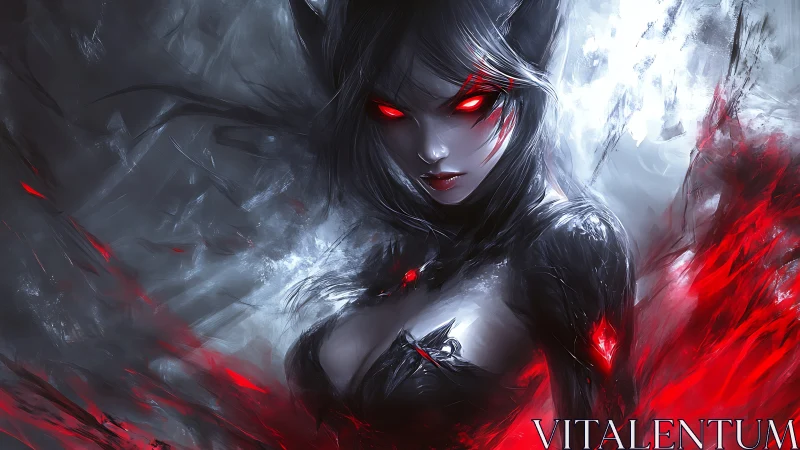 Demonic sorceress with red energy shards in swirling vortex.