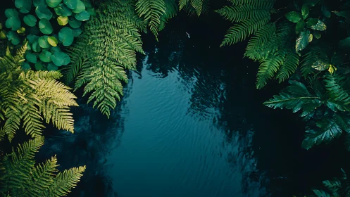 Aerial Forest Stream. Lush Canopy Frames Turquoise Water.
