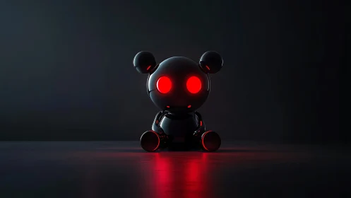 Black spherical robot figure sits centered under red light