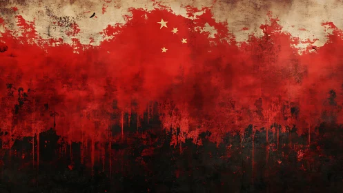 Weathered red flag art with golden stars and bold textures.