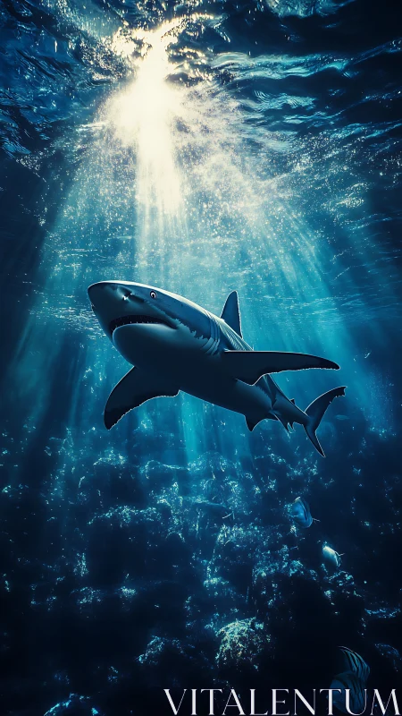 Sunlit titan shark gliding through deep sapphire cathedral.