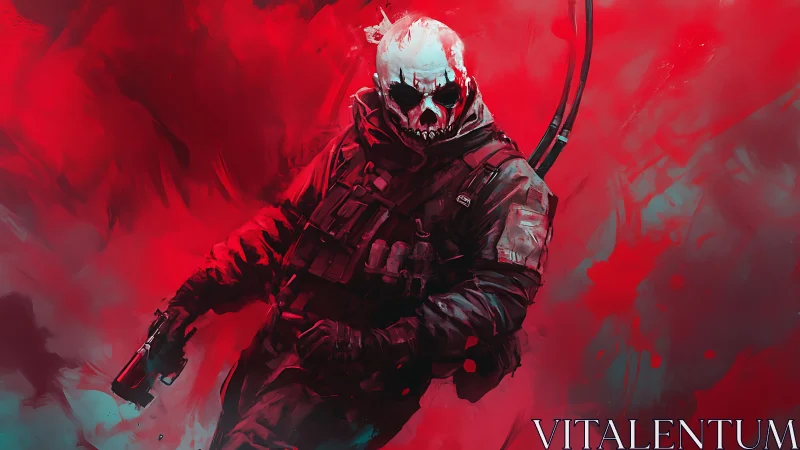 Crimson mist swallows a skull-masked soldier caught mid-stride