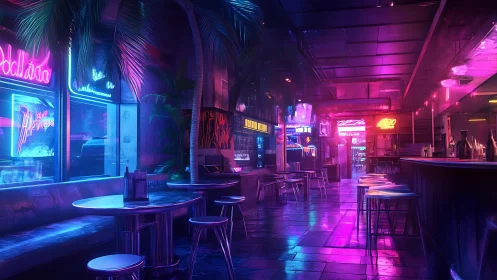 Neon palms and chrome barstools in a hazy cyber lounge.