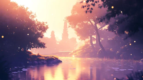 Volumetric dawn over reflective forest river corridor.