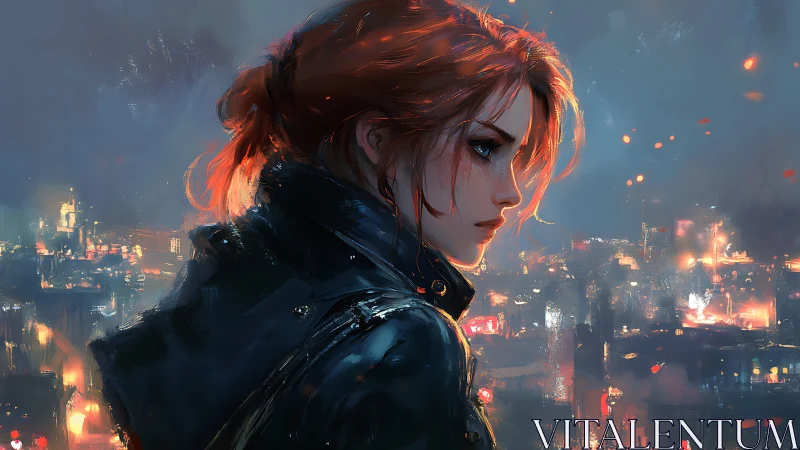 Red haired vigilante over neon drenched night cityscape.