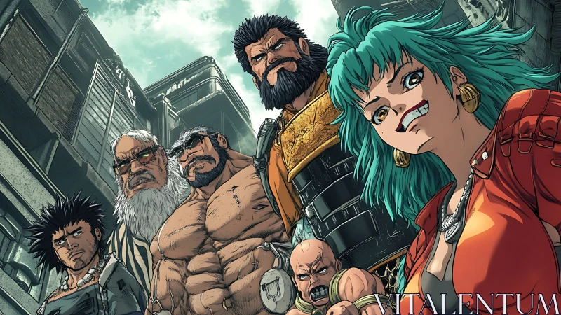 Ragtag cyberpunk squad confronts the viewer in a tense alley.