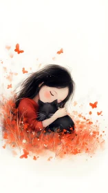 Girl embraces her black cat in a dreamy red meadow glow