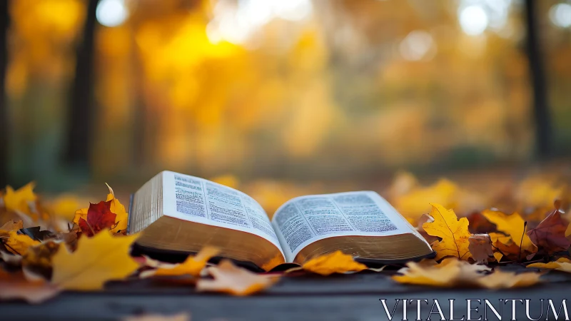 Open bible resting in autumn leaves under golden bokeh light.