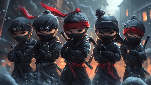 Chibi ninja squad in cinematic winter alleyway standoff.