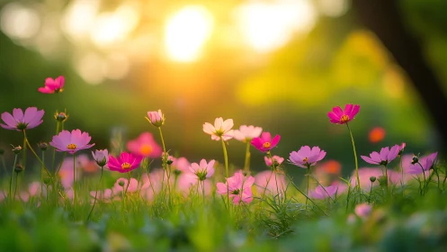 Cosmos Flower Meadow at Golden Hour with Selective Focus Rendering.