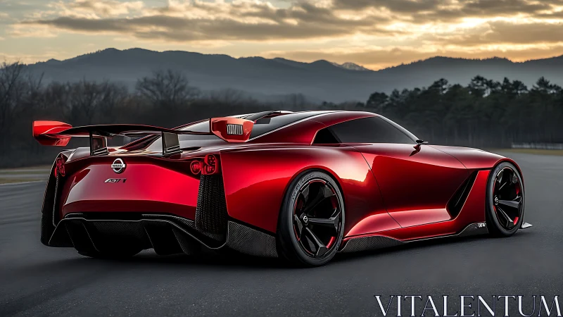 Sunset cruise with a ruby red futuristic sports coupe.