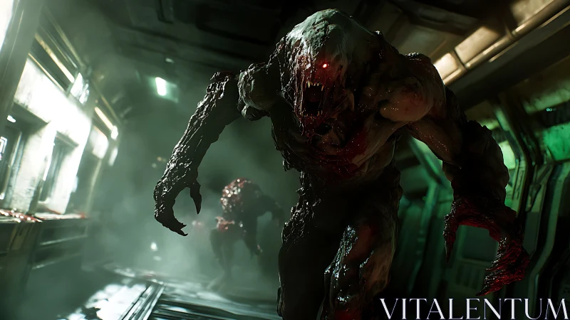 Grotesque alien creature stalks a blood-soaked space corridor