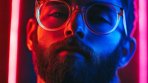 Neon portrait of bearded man in glasses under vivid lights.