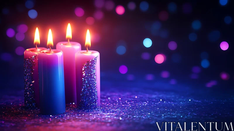 Neon candles glow amid glittering bokeh on violet surface.