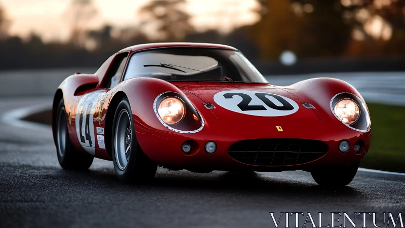 Crimson classic race car hunts dusk along a slick circuit.