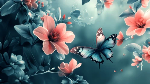 Digital butterfly illustration shows stylized flowers and foliage