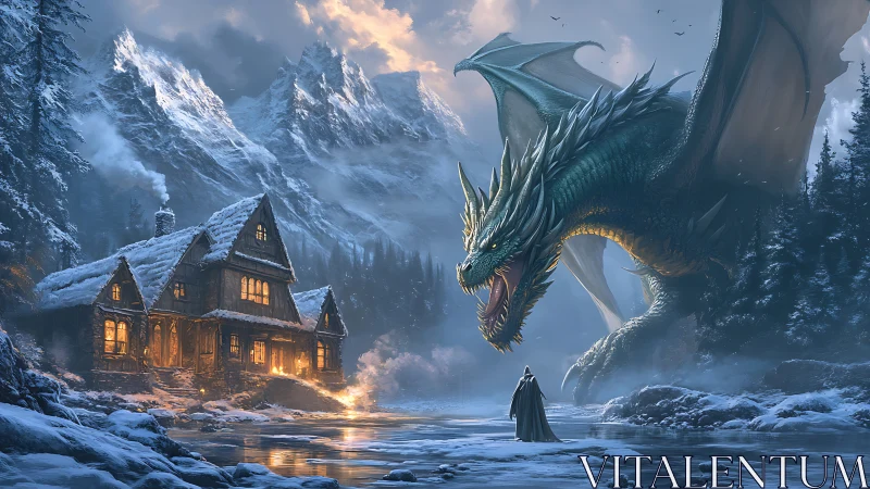 Ice dragon confronts lone traveler near burning mountain lodge