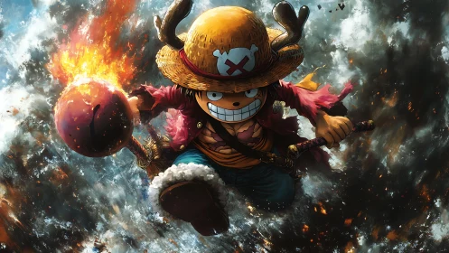 Straw-hatted pirate hurtles through firelit storm of chaos.